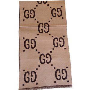 Gucci logo scarf jacquard wool silk beige brown